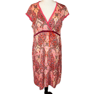 Avoca Anthology Ireland 100% Silk Floral Midi Dress 4 Large Pink Surplice Boho